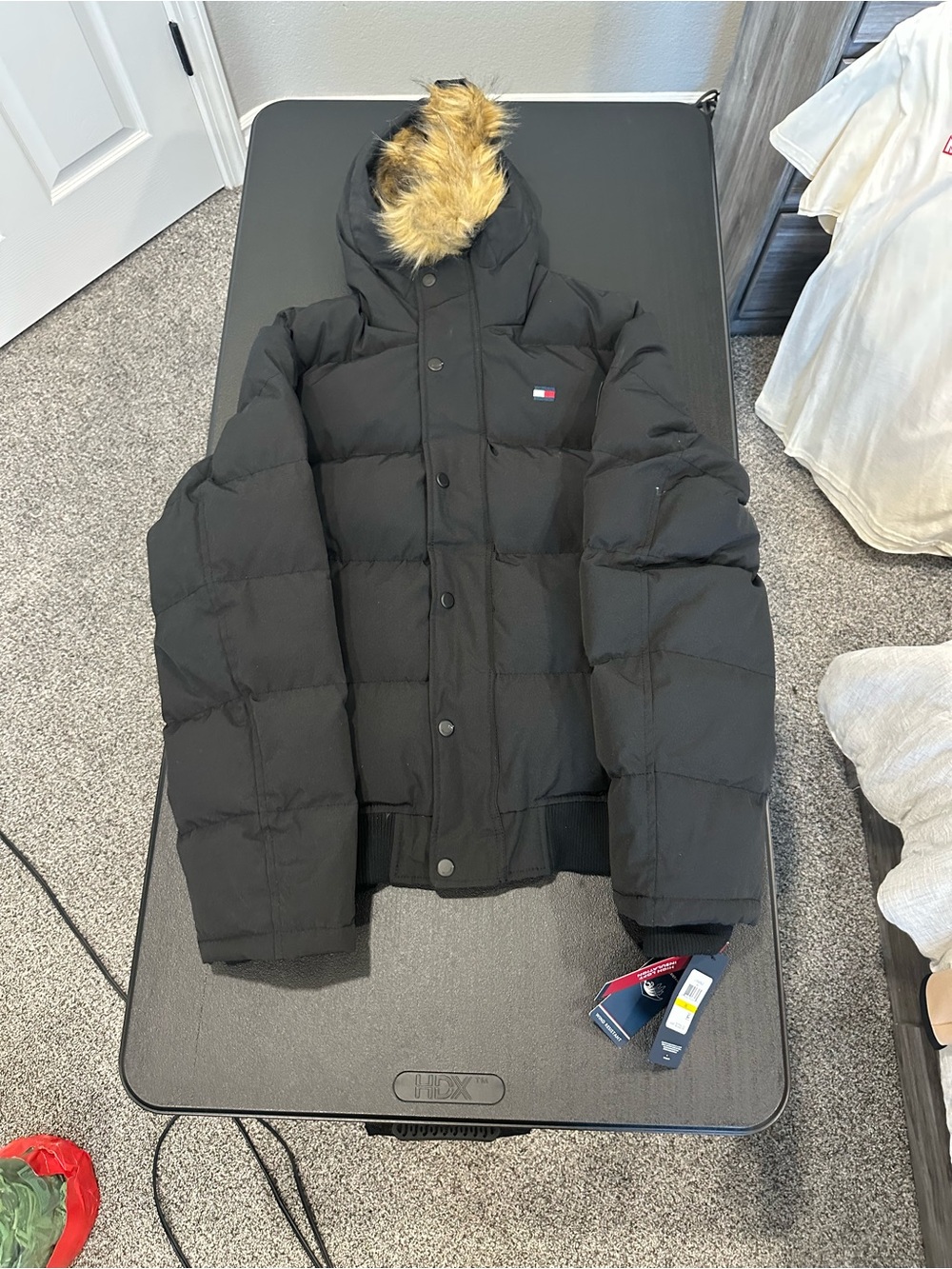 Tommy Hilfiger Black Puffer Jacket with Faux Fur Trimmed Hood